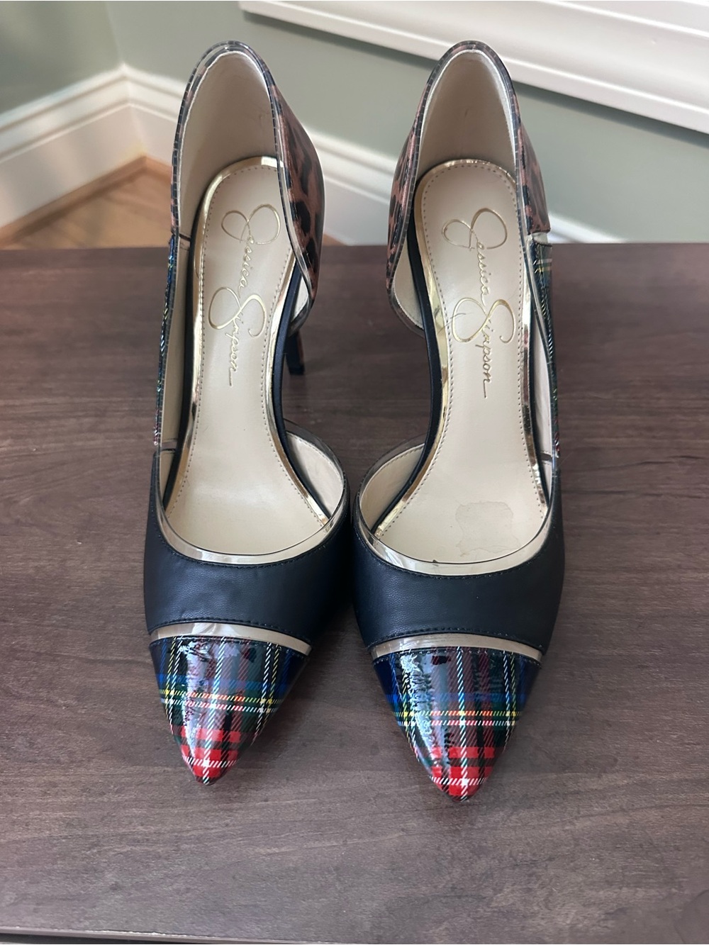 Jessica Simpson Black Leather Pointed Toe Pumps with Multicolor Plaid